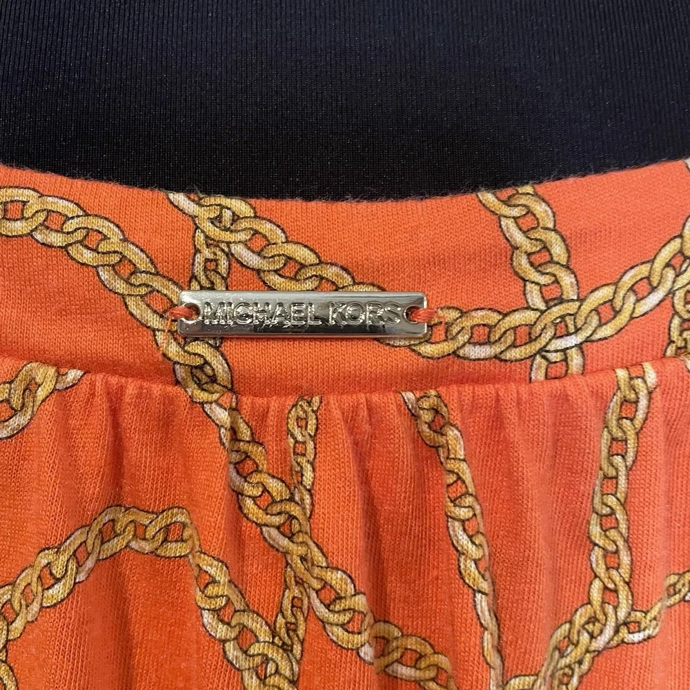 Michael Kors Women's Size L‎ Orange Gold Chain Print 3/4 Bell Sleeve Blouse Top